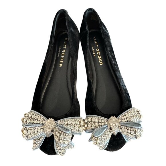 Kurt Geiger Size 37 / 7 Bow Ballerina flats black Velvet Rhinestone Bow Women’s - Picture 13 of 15